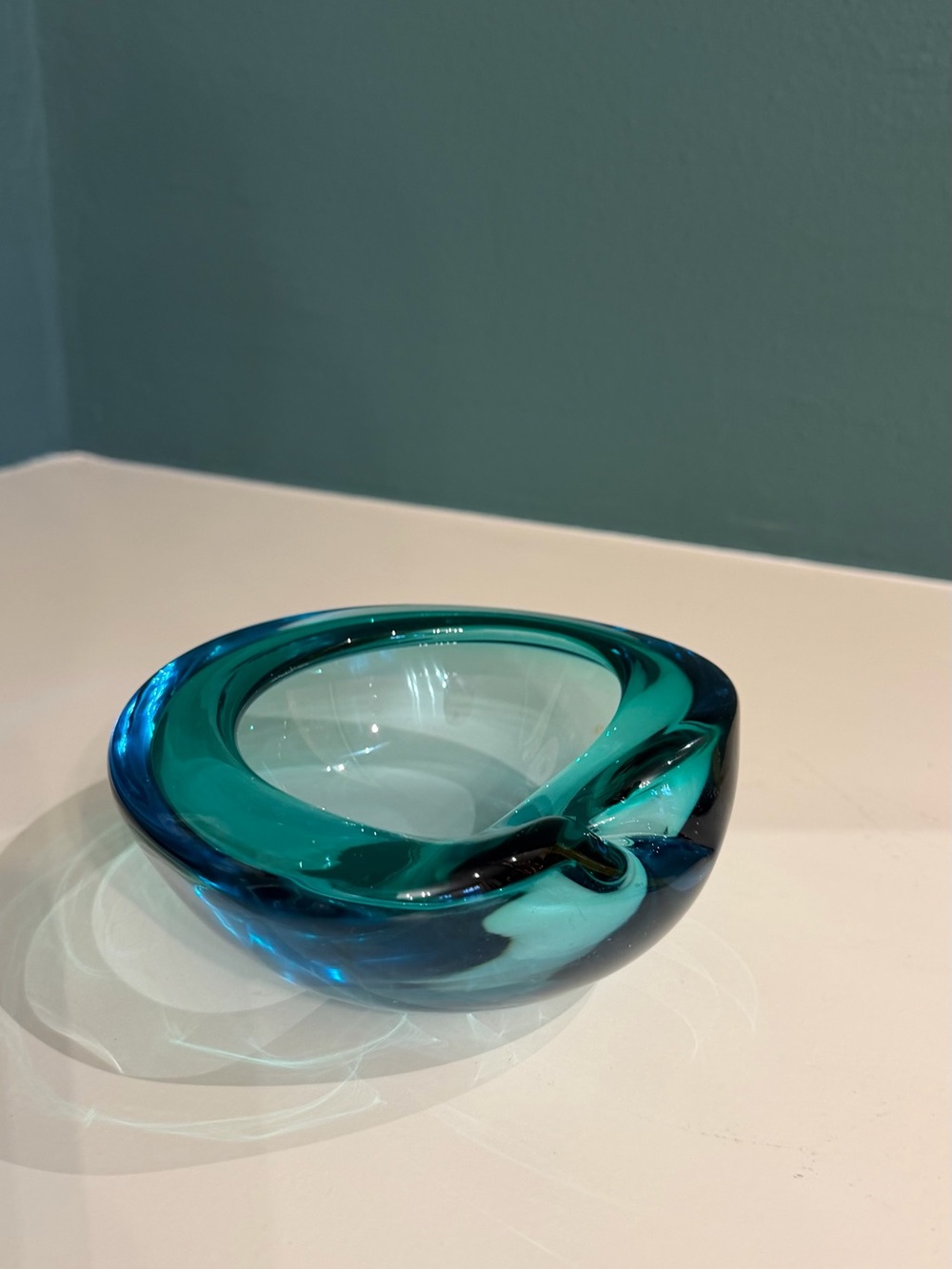 MCM Heavy Art Glass Ashtray Teal Aqua Cobalt Blue Sculptural